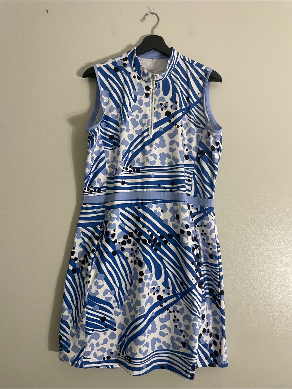 Sleeveless Blue & White Printed A-Line Dress with Front Zip